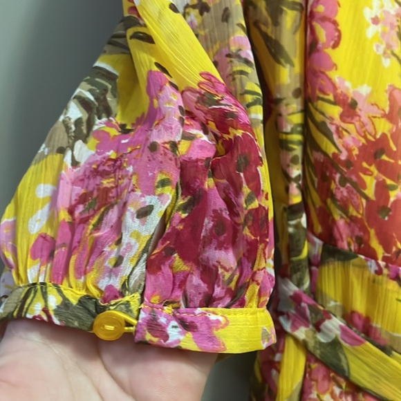 Harlow & Rose yellow and hot pink 3/4 sleeves flared midi dress with belt - Picture 5 of 8